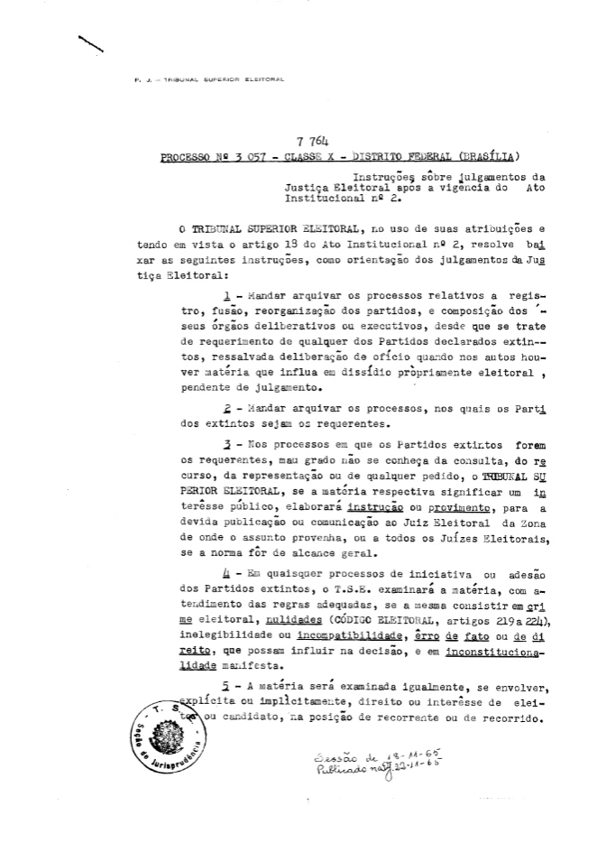 Instruções do TSE sobre o julgamento da Justiça Eleitoral após a vigência do Ato Institucional nº2