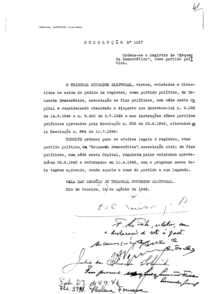Autorização para registro da Esquerda Democrática como Partido Político